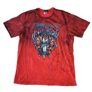Affliction Men’s Heart Dagger Snake Rhinestone Short Sleeve T-shirt Y2K Red XL